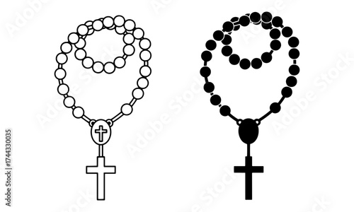 Rosary Prayer Beads Icons in Outline and Solid Black Vector prayer tools used for remembering departed souls
