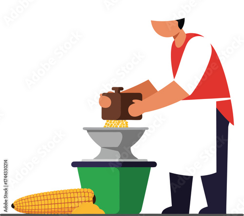 Man grinding corn with traditional mill and colorful grains vector illustration 