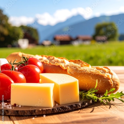 Freshly baked baguette, creamy cheese, and plump tomatoes arranged on a wooden platter outdoors, with a backdrop of a scenic mountain landscape