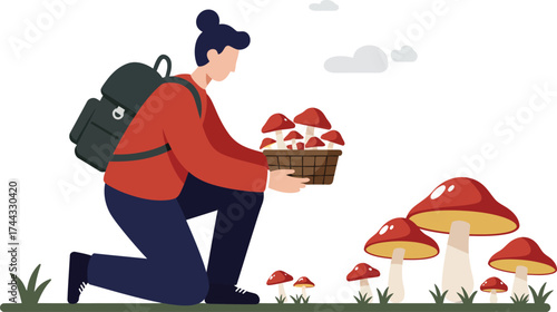 Person harvesting red and white mushrooms in nature with backpack vector illustration outdoor activity 