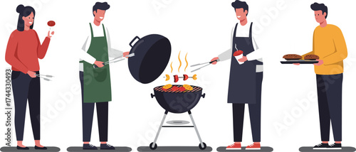 Group of people cooking barbecue grill outdoor with friends enjoying food and drink vector illustration 