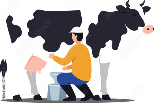 Farmer milking black and white cow sitting on stool in rural farm scene with bucket and udder vector illustration 