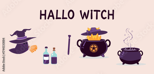 Hallo Witch Vector Set – Cute Halloween Witch Icons and Magic Elements