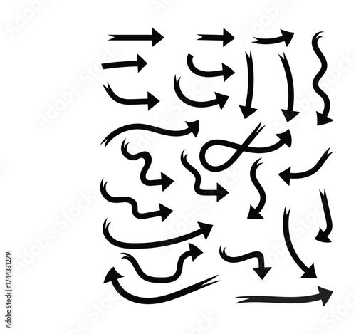 Hand Drawn Curved Arrows Set, Vector Ink Brush Direction Icons.