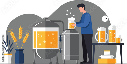 Man Brewing Beer in Industrial Brewery with Large Fermentation Tanks and Mugs of Fresh Beer Vector Illustration 