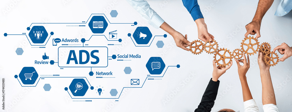Obraz premium Hands unite to create synergy with gears, symbolizing collaboration in advertising and social media strategies. Ideal for digital marketing projects or presentations. Amity