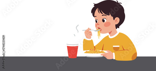 Child eating spaghetti with drink on table vector illustration in simple style 