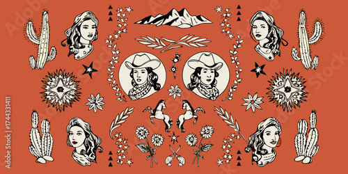 Retro western cowboy and cowgirl portrait illustration with cacti mountains and horses on orange background