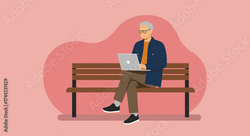 Senior man using laptop on park bench Modern digital lifestyle remote work or learning