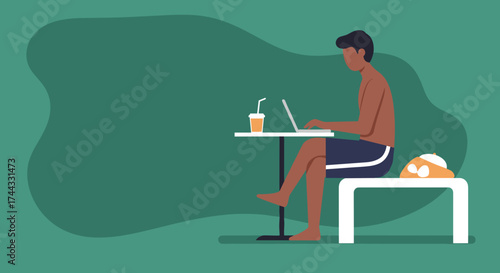Relaxed man works on laptop with drink Remote work digital nomad vacation lifestyle