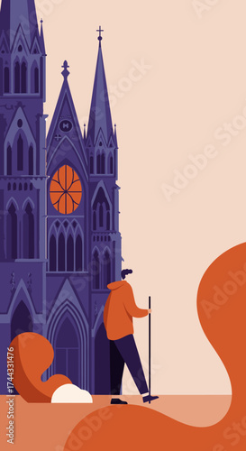 Traveler exploring grand gothic cathedral Journey history architecture destination concept