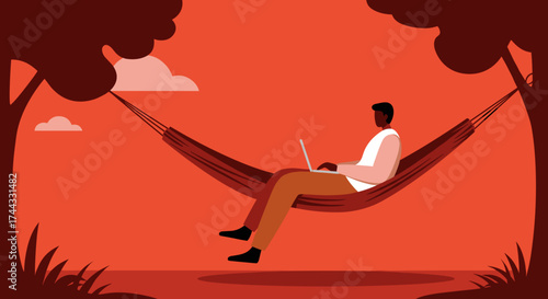 Man relaxing in hammock working remotely on laptop amidst nature Remote work digital nomad life