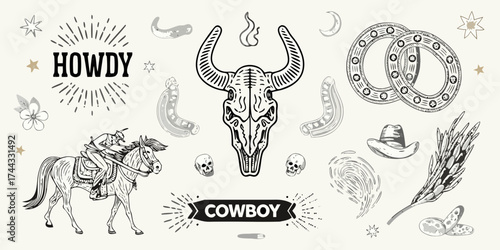 Collection of hand drawn western elements featuring a cowboy riding a horse and a bull skull