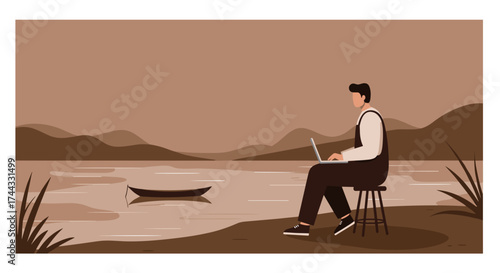 Man works on laptop by a tranquil lake with mountains Remote work nature modern lifestyle