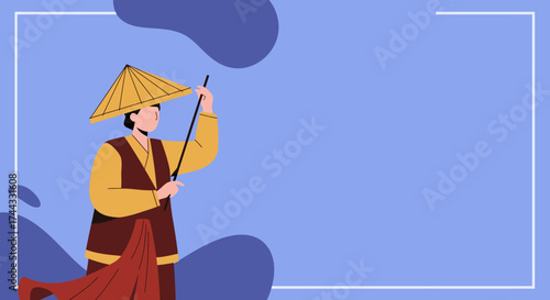 Asianinspired character in traditional dress and conical hat celebrating culture and travel