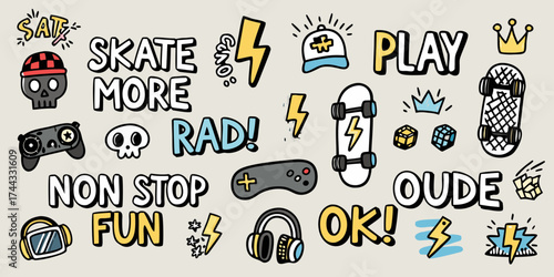 Cool retro doodle collection of skateboarding gaming and music elements with fun phrases