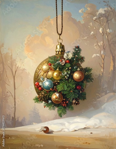 Ornate Christmas ornament hanging above snowy landscape