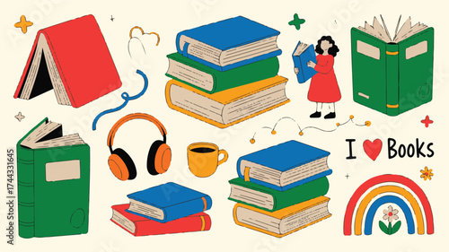 Colorful books headphones coffee cup girl rainbow reading education