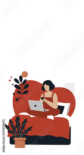 Woman comfortably working from home on bed with laptop and phone modern remote lifestyle