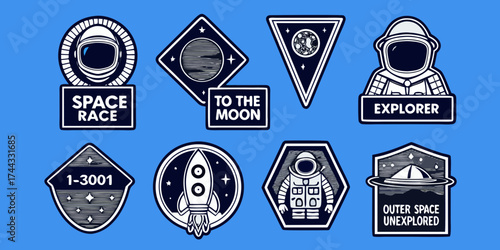 Collection of retro style space exploration badges and patches with astronauts rockets planets and ufos