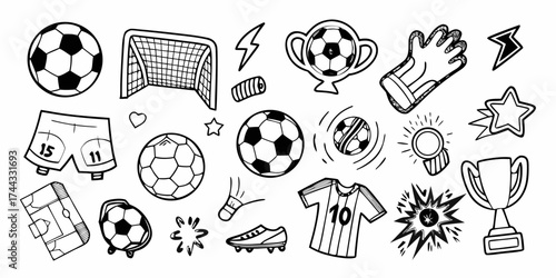 Collection of hand drawn soccer elements including balls goals trophies and player gear in a doodle style