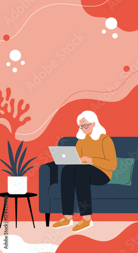 Elderly woman working remotely on laptop at home Modern lifestyle freelance online education