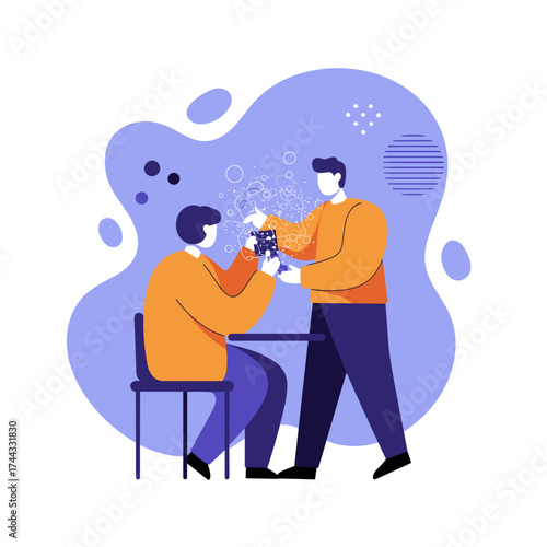 Two men collaborate using a smartphone exchanging ideas and digital information