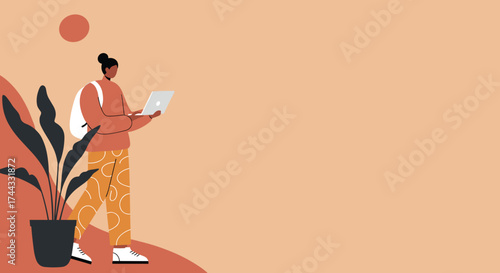 Freelancer working remotely on laptop Modern digital nomad online education concept