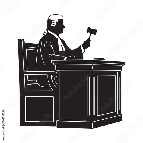 Black and White Silhouette Vector Illustration of Judge Holding Gavel at Desk