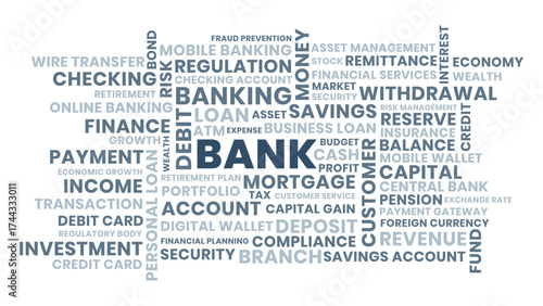 Bank wordcloud design, finance and banking wordcloud illustration with money, savings, and bank concept