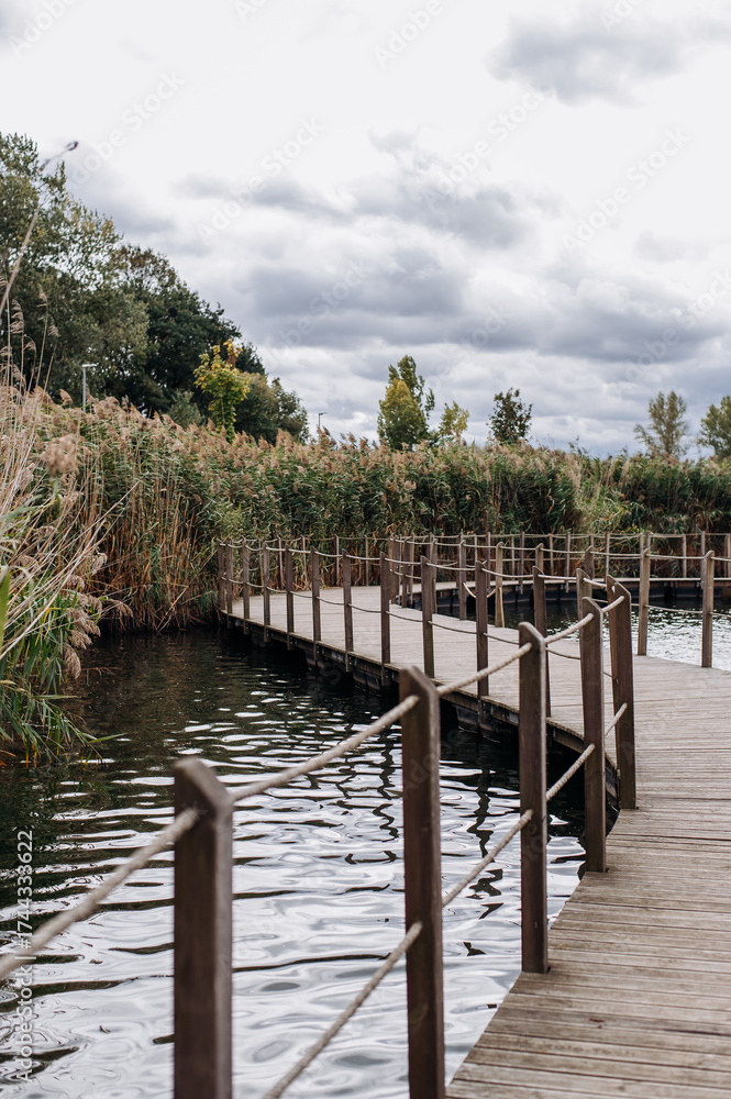 Naklejka premium Wooden walkway along a serene water body surrounded by lush greenery on a cloudy day