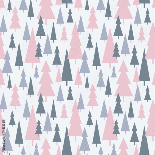 Christmas seamless pattern with festive abstract Christmas trees, vector, flat design. Graphic element, gray-pink pattern template for fabric, wrapping paper, cover, wallpaper, design, label