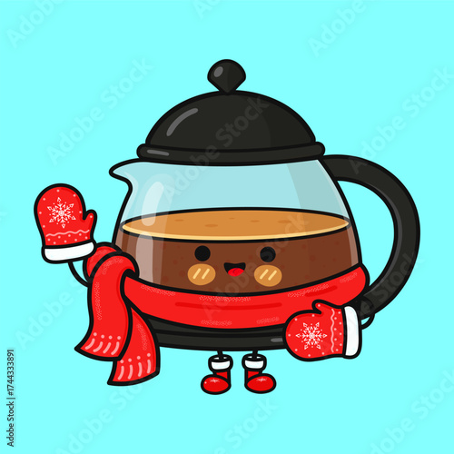 Coffee pot cartoon character warming up winter drink