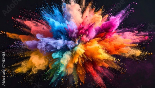 Exploding cloud of colorful powder particles suspended mid-air, vivid texture-rich abstract DESIGN.