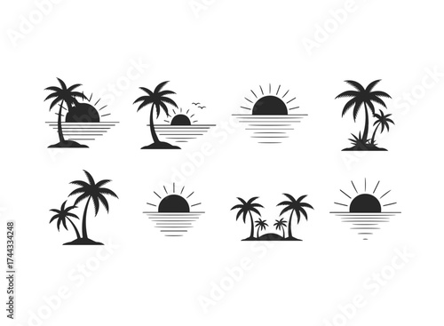 Set of tropical palm trees and sunset silhouettes
