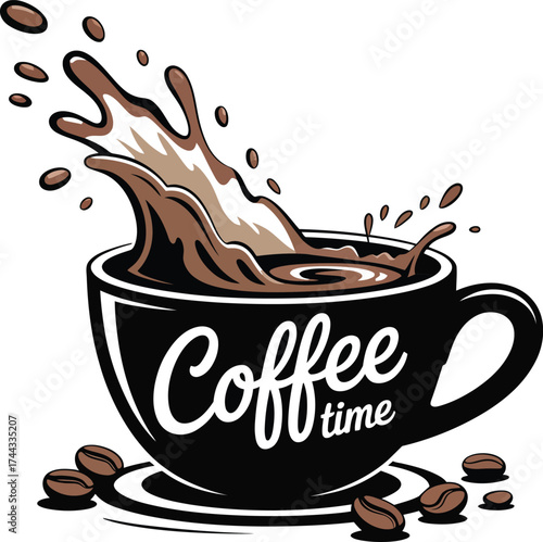 Dynamic coffee splash in a black mug with the word coffee time