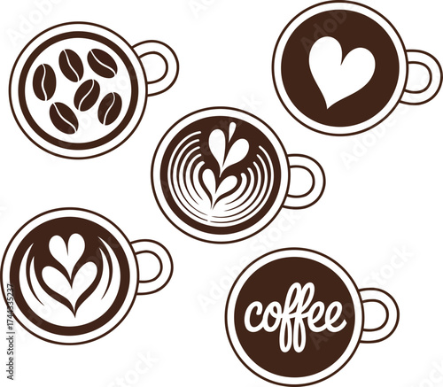 Top view of five coffee cups with latte art and coffee beans