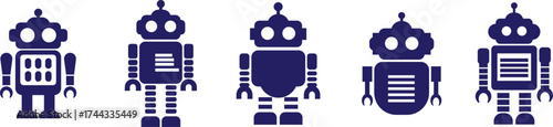 Retro robot icon set in blue flat style vector Group and collection of vintage androids, droids, bots, cyborgs, mechanical machines and humanoid robots.