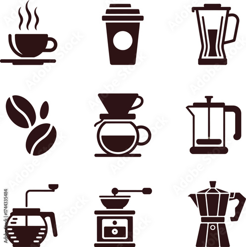 Collection of coffee icons representing brewing methods and coffee beans