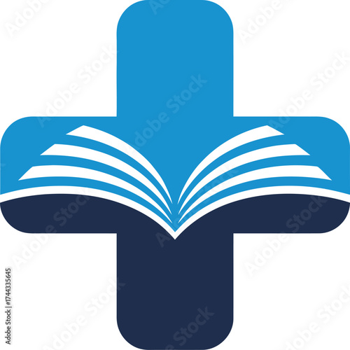Blue cross symbol with open book illustrating medical education and knowledge