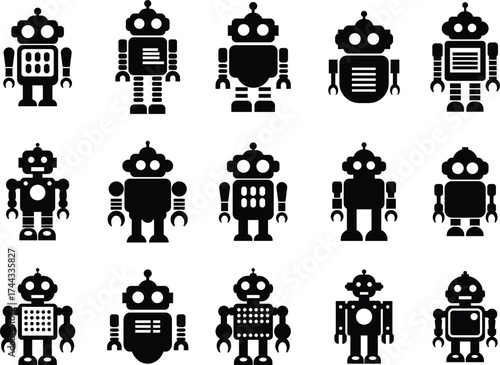Retro robot icon set in black flat style vector Group and collection of vintage androids, droids, bots, cyborgs, mechanical machines and humanoid robots.