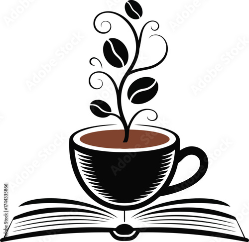 Coffee cup growing from an open book symbolizing knowledge and learning