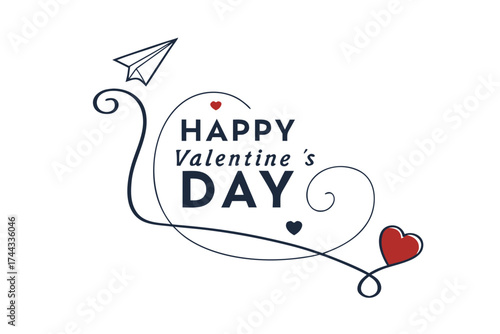 Happy Valentine’s Day” minimalist text design with small red heart icon, modern vector for romantic greeting cards and posters.
