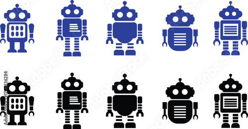 Retro robot icon set in black and blue flat style vector Group and collection of vintage androids, droids, bots, cyborgs, mechanical machines and humanoid robots.