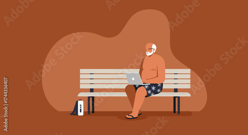 Relaxed senior man on bench working on laptop in swimwear Summer lifestyle remote work