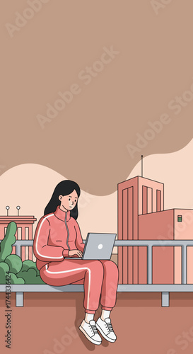 Young woman working remotely on laptop outdoors in urban setting Flexible lifestyle
