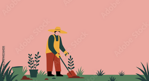 Person planting a young plant with a shovel showcasing gardening nature growth and environmental care