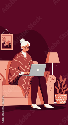 Happy senior woman using laptop at home Modern elder connecting online learning new skills
