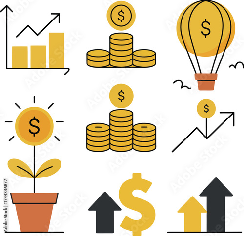 Collection of hand drawn financial growth and investment icons on white background
