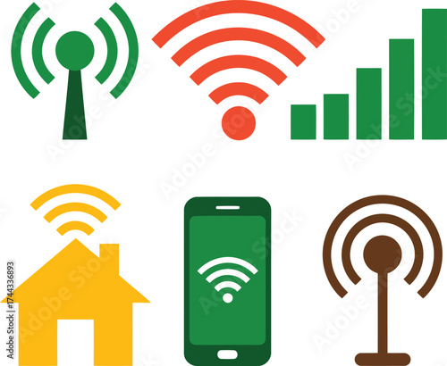 Collection of wireless technology icons including wi fi signal strength and antennas
